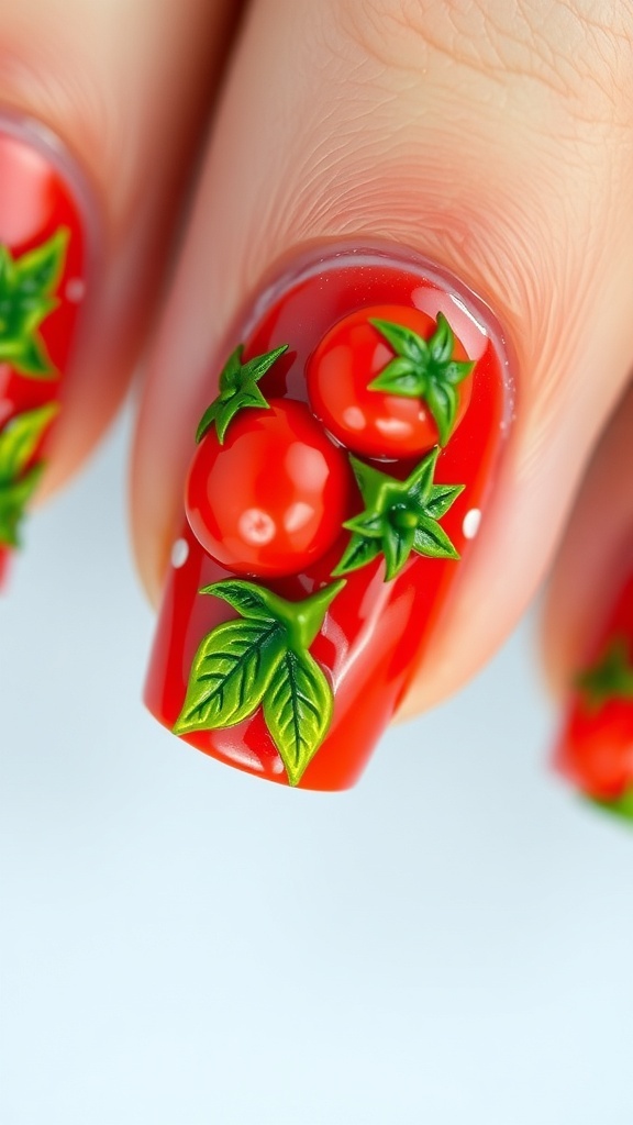 Close-up of 3D tomato nail art with red tomatoes and green leaves on glossy nails.
